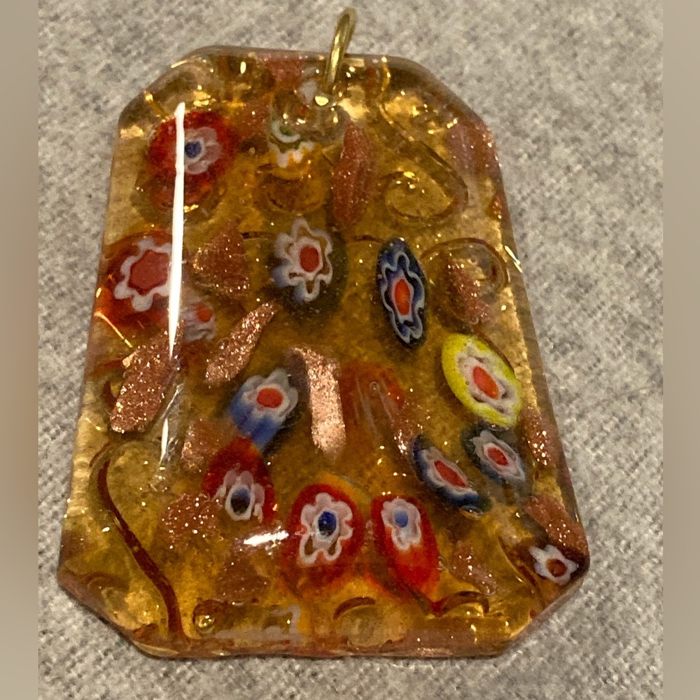 VNTG Millefiori Gold Copper metallic Accents Handblown Art Glass Octagon Pendant